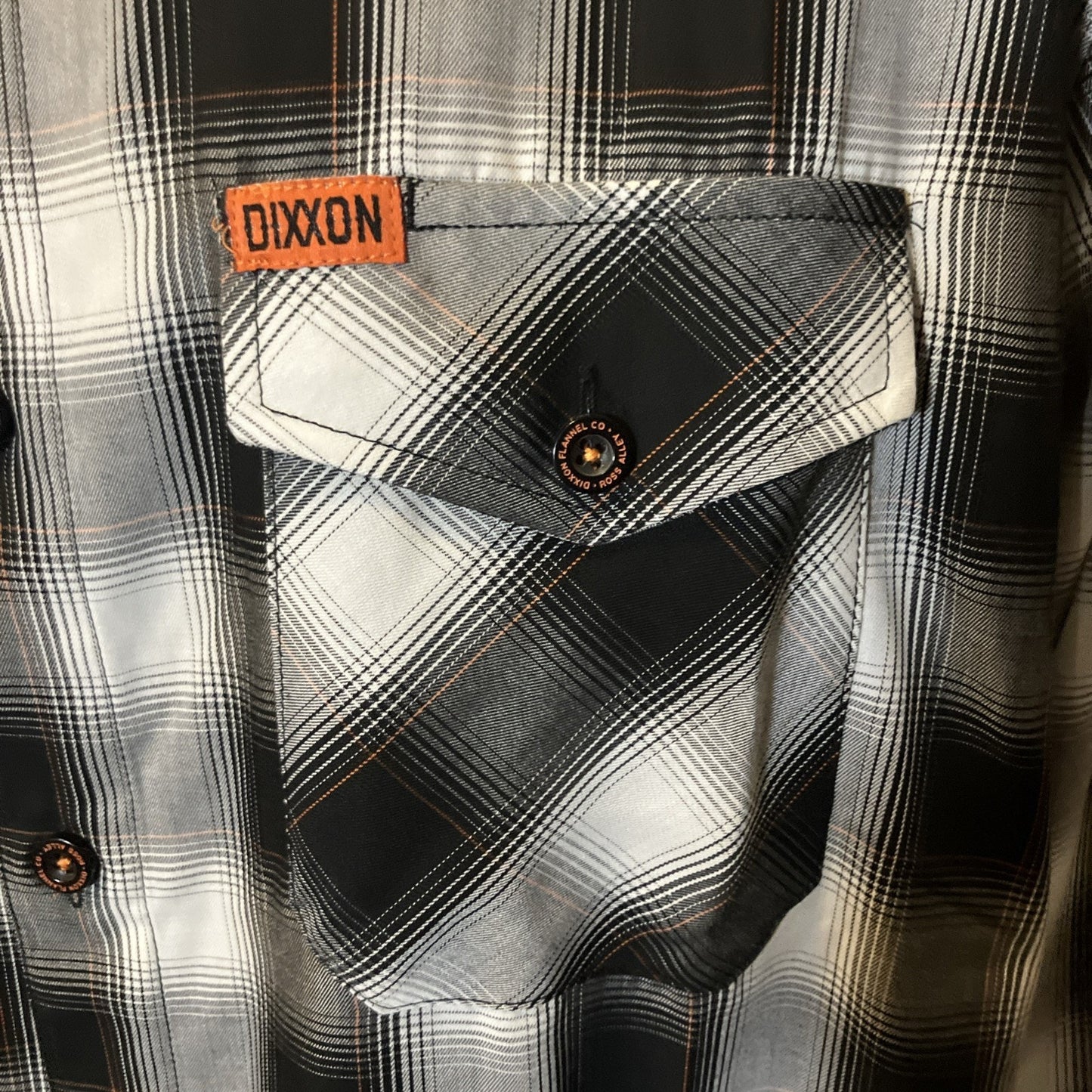Dixxon Ross Alley Plaid Bamboo Long Sleeve Black White And Orange Trim Sold Out