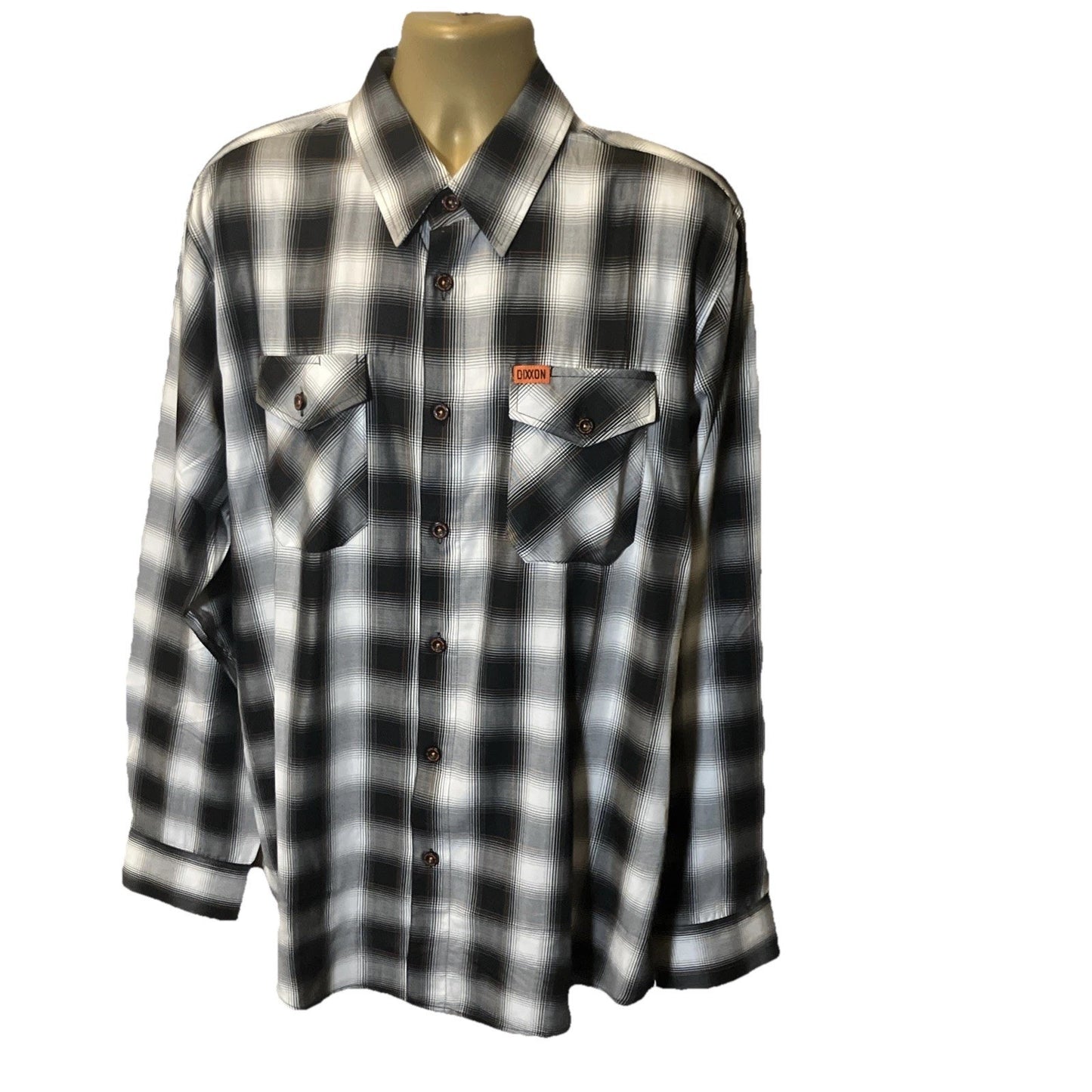 Dixxon Ross Alley Plaid Bamboo Long Sleeve Black White And Orange Trim Sold Out