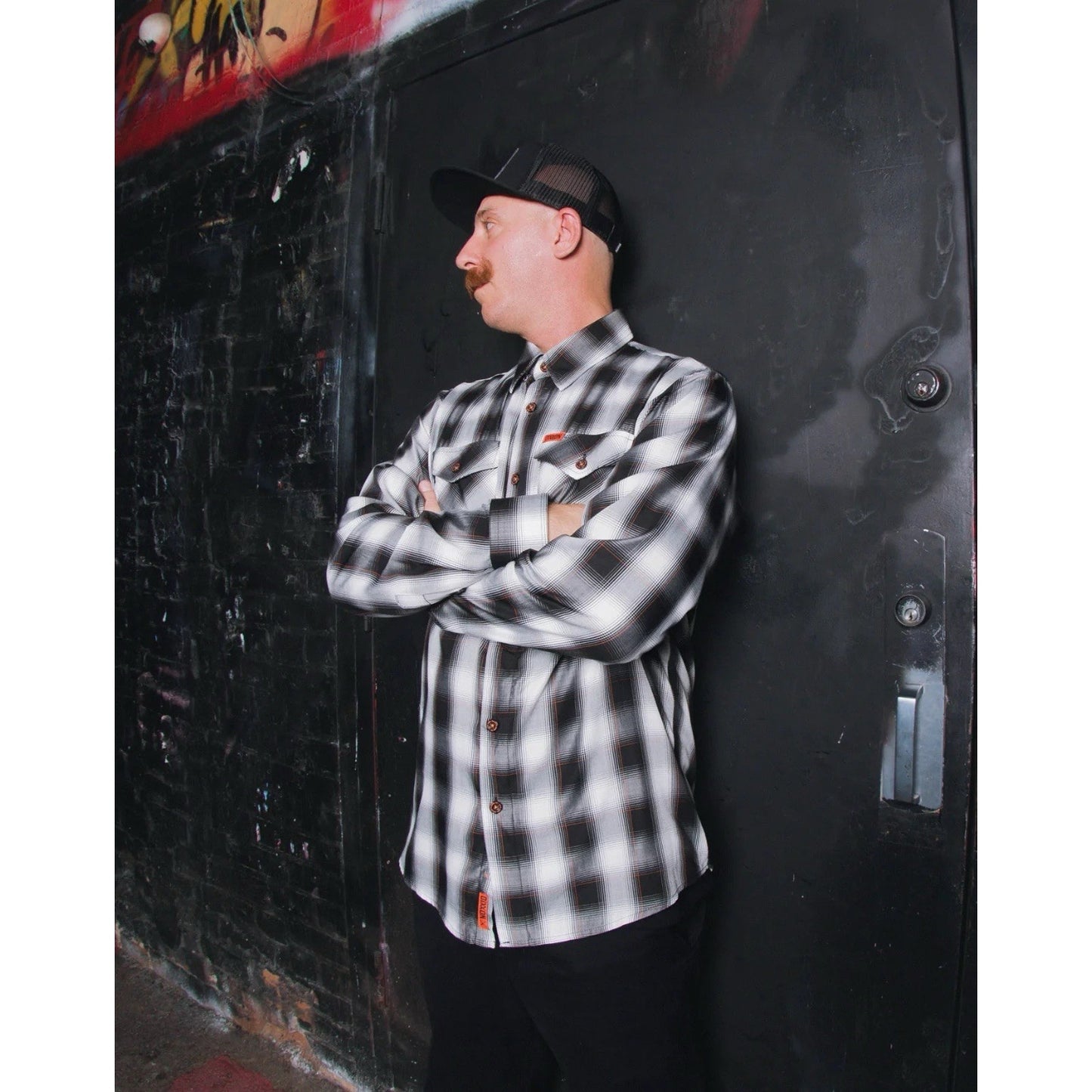 Dixxon Ross Alley Plaid Bamboo Long Sleeve Black White And Orange Trim Sold Out