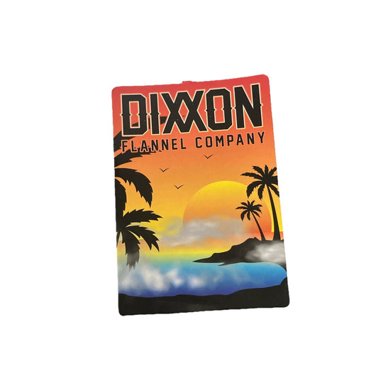 Dixxon Flannel Company Sticker Sunset on the beach with birds and palm trees